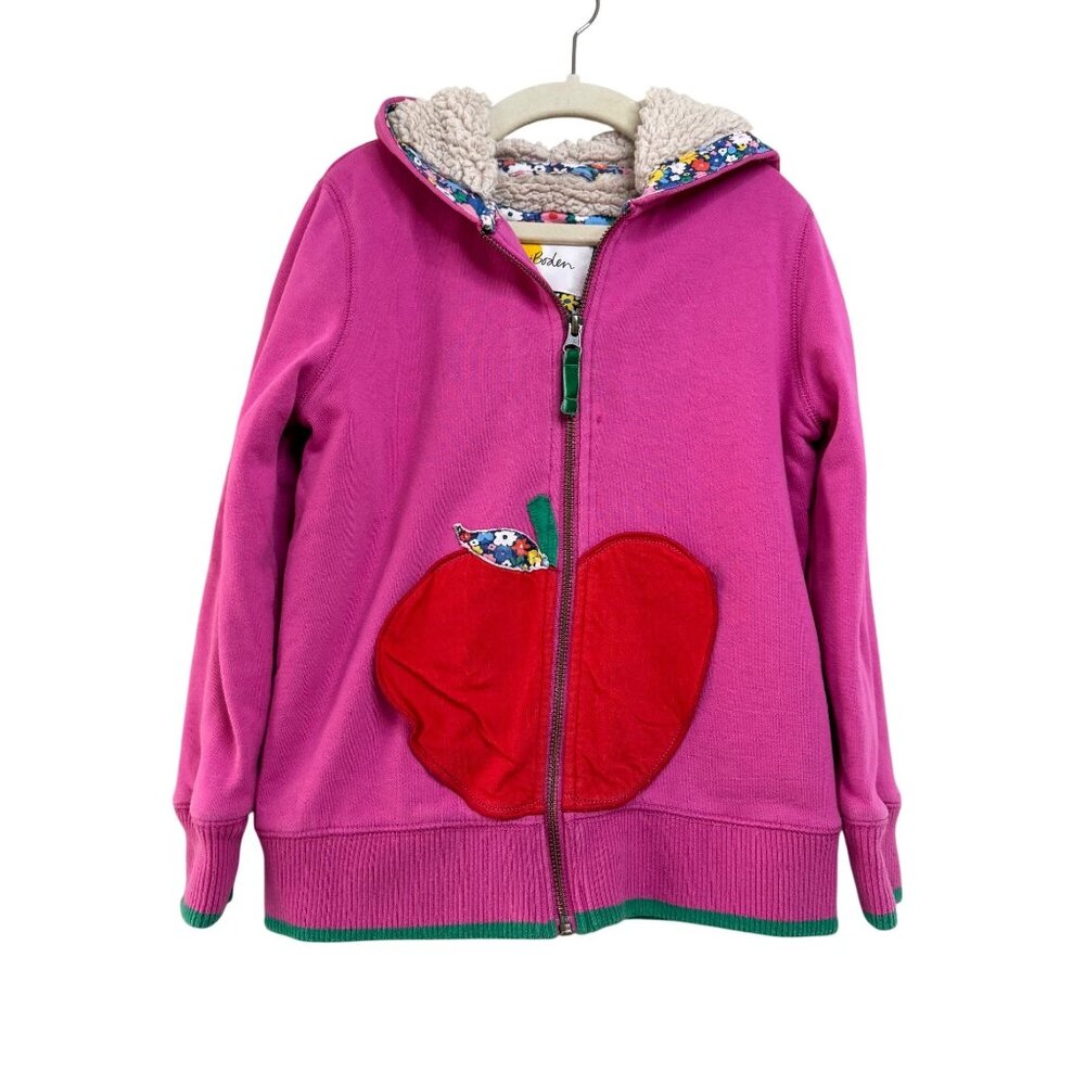 MINI BODEN Cozy Apple Hoodie Girls 7-8 128cm Warm Faux Shearling Lined Jacket